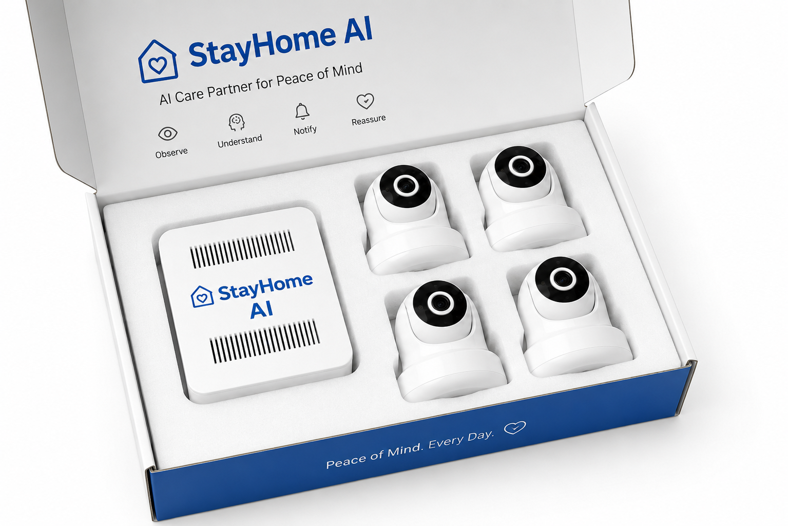 The StayHome AI kit in its box: one hub and four small white cameras
