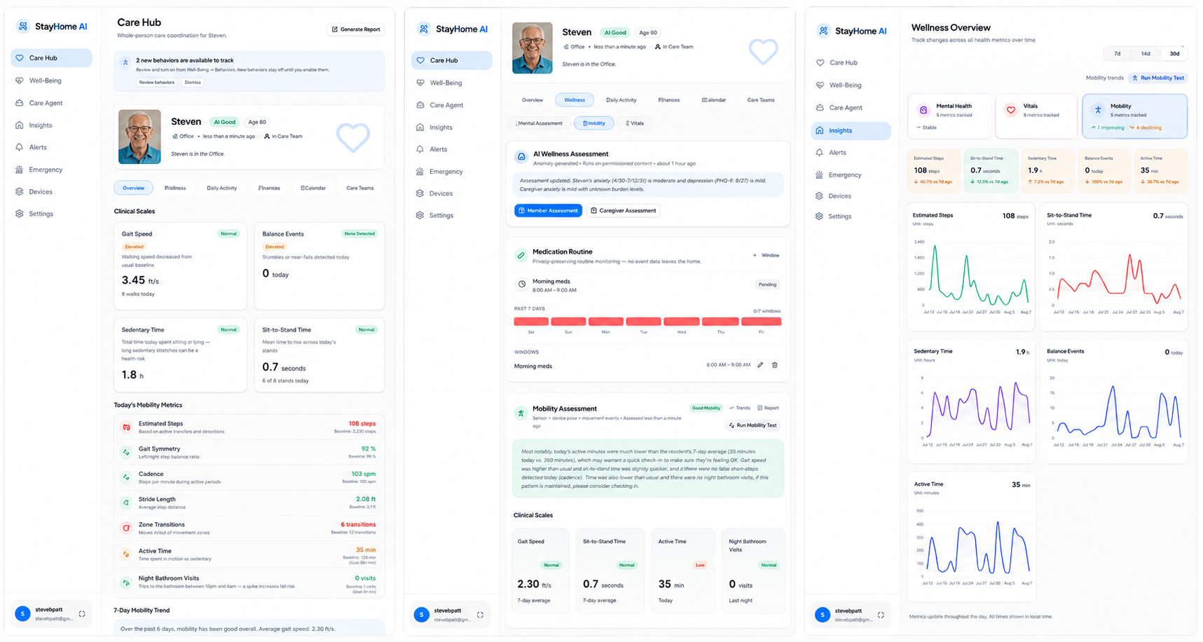 The StayHome AI app showing the Care Hub, wellness summary and insight charts