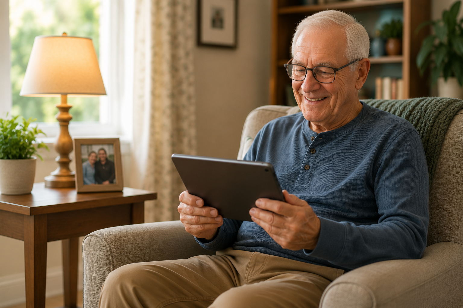 An older man smiling in his armchair at home